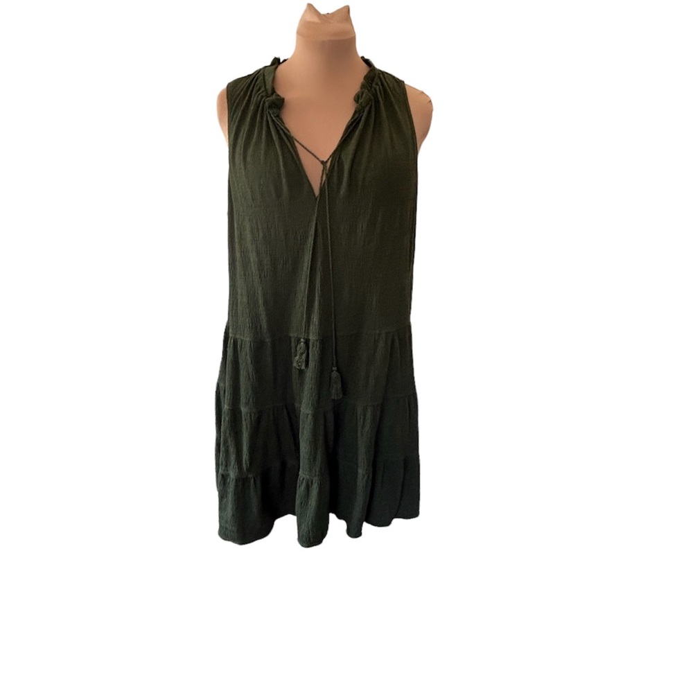 Max Studio size XL Boho Olive Green Drawstring Ruffle Flowy Dress   403